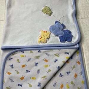 Carters Reversible Blue Cotton Receiving Blanket Hippo Tiger and Frog Jungle